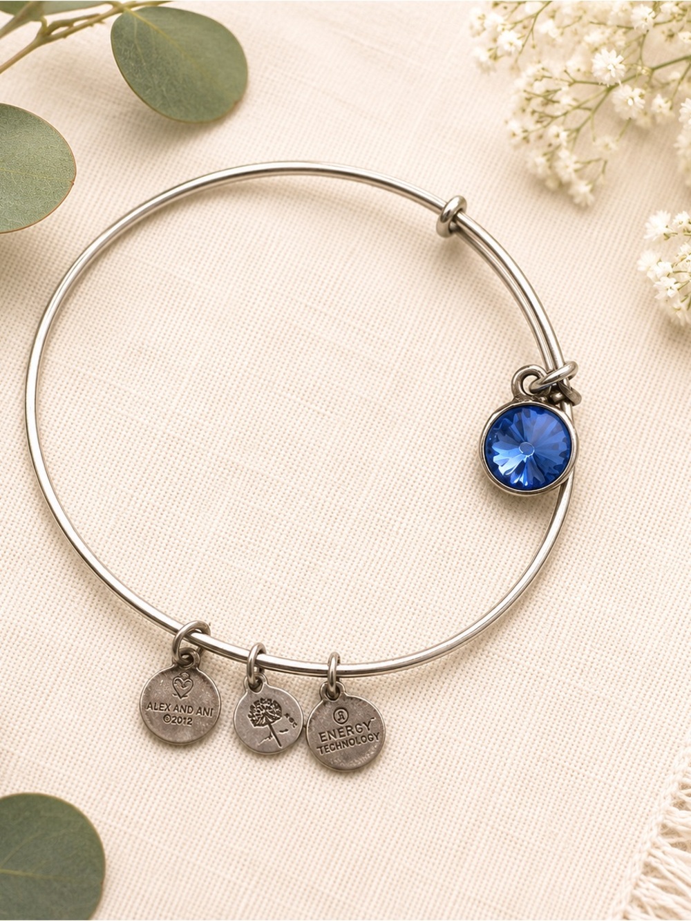 Alex and Ani Silver Expandable Bracelet with Royal Blue Crystal Charm